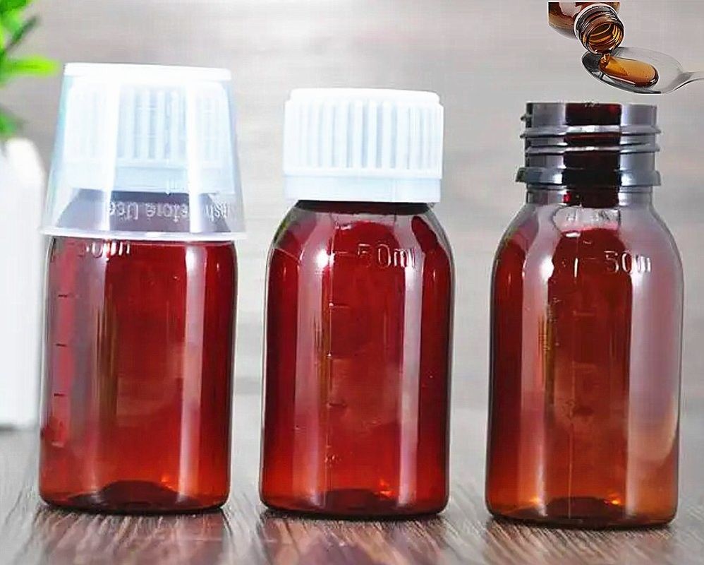 100 ml 120 ml 150 ml DIN28 Plastica PET Marrone per liquidi orali Bottiglia Amber Medicina Sciroppo per la tosse Bottiglia per Ropp Cap