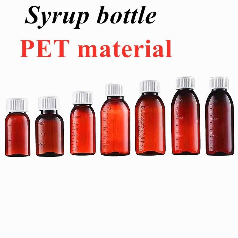 100 ml 250 ml Liquid Medicine Amber PET Cough Syrup Flascia con tazza di misura Flascia di plastica per lo sciroppo per la tosse