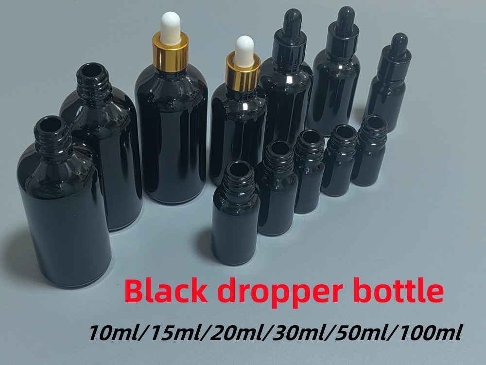 10ml 15ml 20ml 30ml 50ml 100ml Olio essenziale nero lucido Bottiglia di vetro per gocce cosmetiche