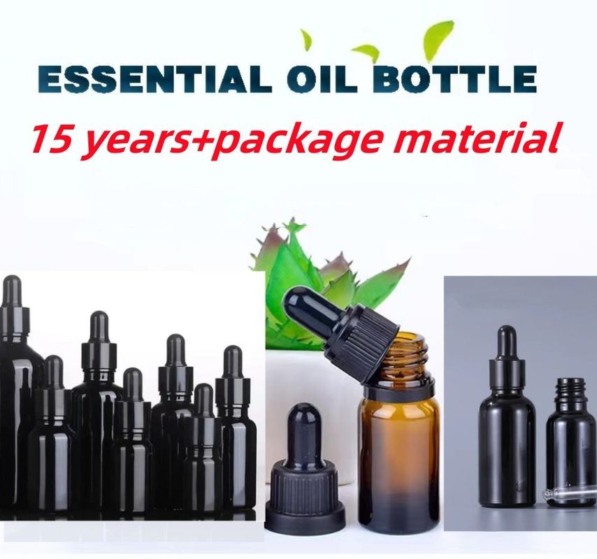 10 ml 20 ml 30 ml 50 ml Bottiglia vuota rotonda di olio essenziale Bottiglia gocciolante di vetro nero lucido con piegette di vetro calibrato