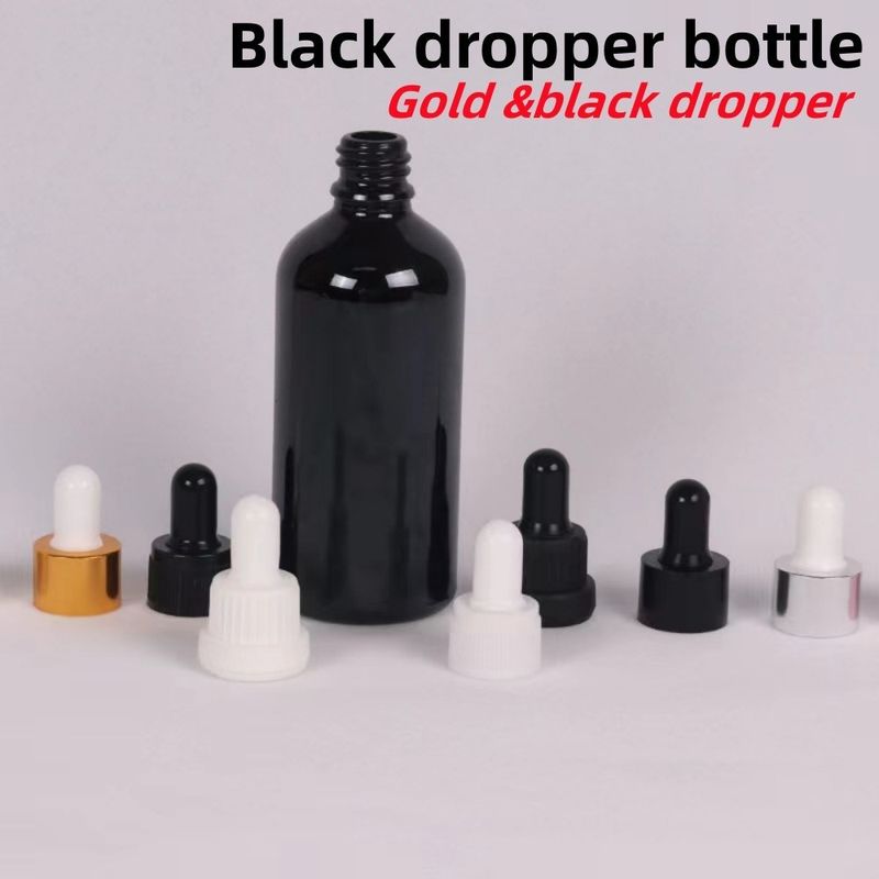 10 ml 20 ml 30 ml 50 ml Bottiglia vuota rotonda di olio essenziale Bottiglia gocciolante di vetro nero lucido con piegette di vetro calibrato