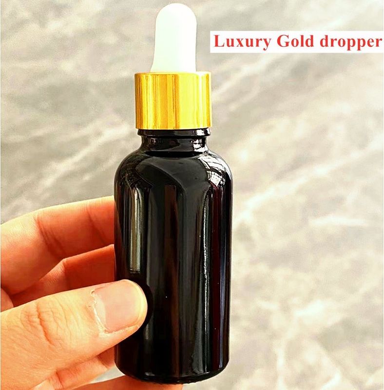 Nero 10, Ml 15ml 20ml 30ml 50ml vuoto rotondo nero lucido Vetro Bottiglia gocciolante per olio essenziale con anello in oro di plastica