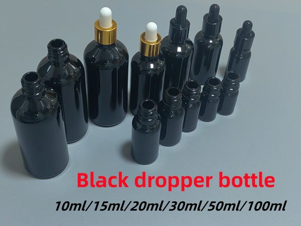 Nero 10, Ml 15ml 20ml 30ml 50ml vuoto rotondo nero lucido Vetro Bottiglia gocciolante per olio essenziale con anello in oro di plastica