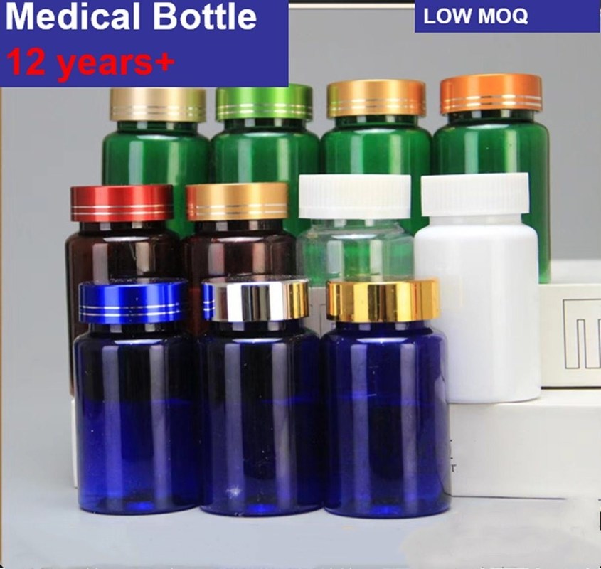 Bottiglia di compresse in PET blu di plastica da 100 ml con tappo a vite d' argento