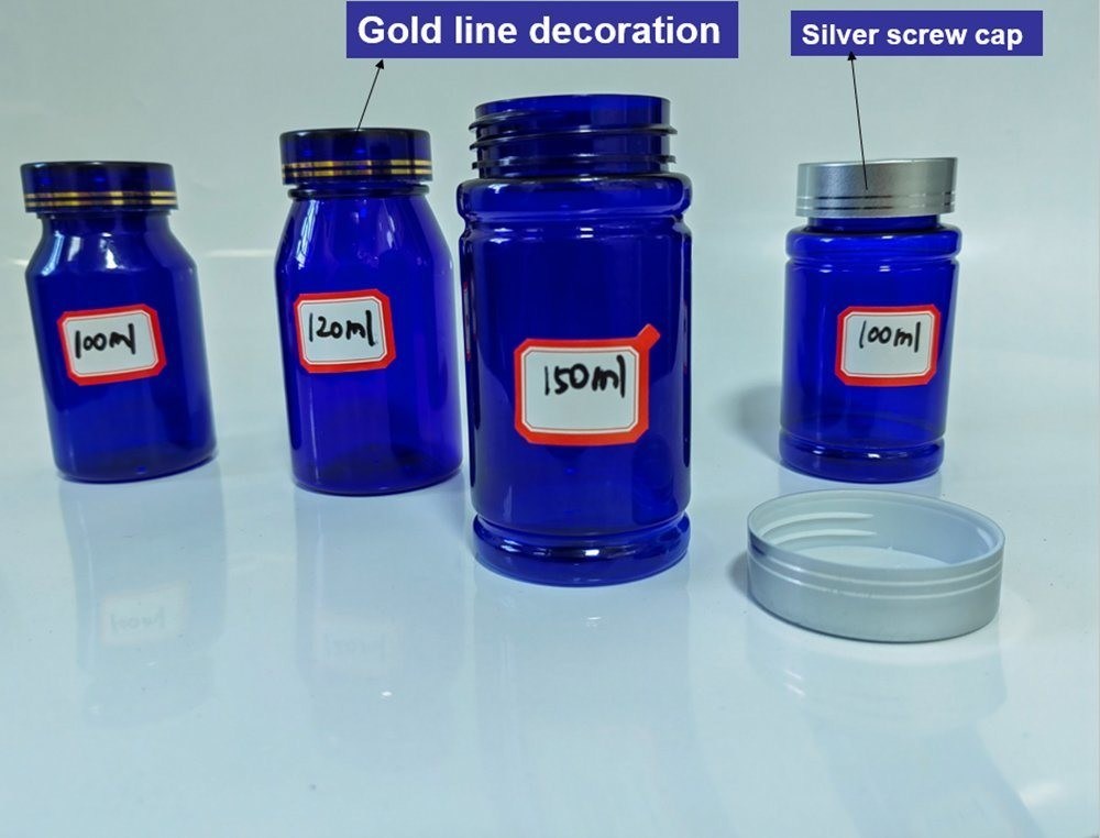 100cc 120cc 150cc Bottiglia di plastica per pillole Capsule Trasparente Blu Pet Riempievole Bottiglia di plastica solida per farmaci