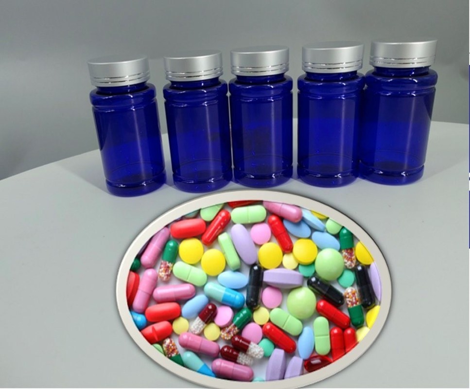 100cc 120cc 150cc Bottiglia di plastica per pillole Capsule Trasparente Blu Pet Riempievole Bottiglia di plastica solida per farmaci